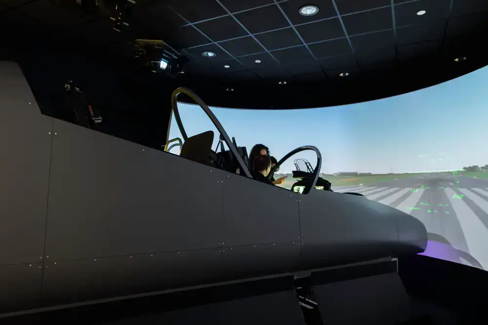 Two friends sharing a flight simulator experience